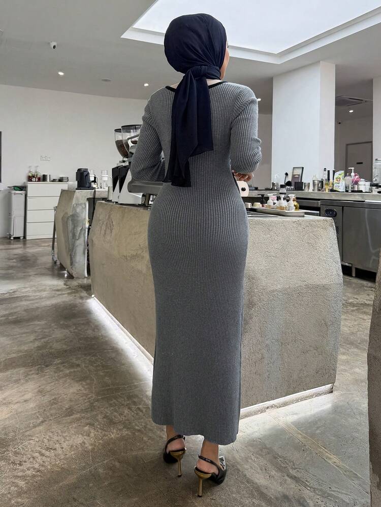 Women's Elegant Color Block Patchwork Sweater Dress, Autumn Modest Fashion