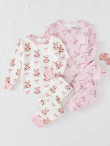 THE HAPPY LOOK 4pcs Young Girl Cartoon Bear Pattern Knit Soft Crew Neck Long Sleeve Top And Elastic Waist Long Pants Snug Fit Pajama Set Toddler Sleepwear Girl Sleep Wear Matching Pajama Set Bows For Kids Kids Pj Sets - Multicolor - View 1
