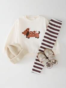 THE HAPPY LOOK 2pcs/Set Young Girl Cartoon Animal Pattern Knit Soft Crew Neck Long Sleeve Sweatshirt And Striped Elastic Waist Flared Pants Set - Multicolor - View 7