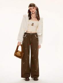 ROMWE Kawaii 女士复古可爱小熊蝴蝶结刺绣蕾丝拼接超低腰直筒牛仔裤 - 棕色 - 查看 6