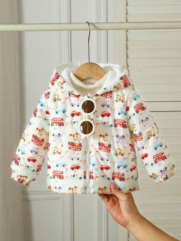 冬季连帽拉链外套，可爱动物耳朵装饰，弹性袖口，卡通汽车数码印花，适合日常、假日、度假穿着，尺码6个月至3岁。婴儿外套，春季外套，男婴春季外套，男婴外套，男婴服装，男婴汽车印花外套，男婴男女通用冬季外套，6个月至3岁男婴外套，男婴外套。