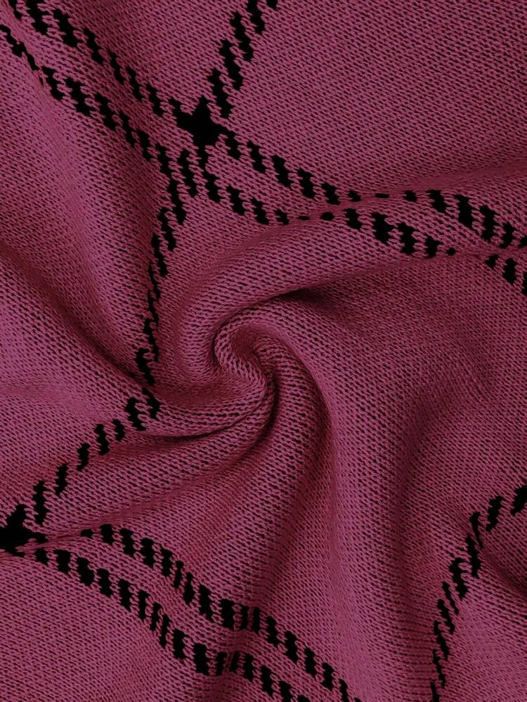 Elenzga Plus Size Women Casual Everyday Commute Plaid Pattern Drop Shoulder Loose Pullover Sweater, Autumn/Winter - Red Violet - View 8