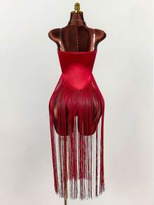 Amplova Váy dự tiệc hở lưng viền tua rua màu đỏ dành cho nữ - Đỏ - Xem 7