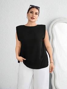 SHEIN Essnce Plus Size Shoulder Padded Split Hem Shirt - Black - View 1