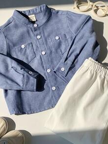 SHEIN 2pcs Baby Boy Casual Cute Light Blue Long Sleeve Shirt & Elastic Waist Pants Set, Suitable For Birthday Party, Rave, Evening Party, Performance, Wedding, Baby's 1st Month, Christening, 1st Birthday Celebration, Wedding Guest, Baby Shower Christening Outfit Light Blue Baby Boy 18 Month Clothes Boy Baby Boys Outfits Button Up Dress Shirt Boy - Multicolor - View 7