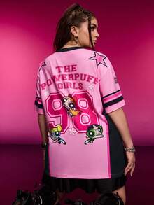 THE POWERPUFF GIRLS X SHEIN Plus Size Summer Cute Blossom, Bubbles, Buttercup Pattern V-Neck Short Sleeve T-Shirt Graphic Tees Women Oversized - Pink - View 2