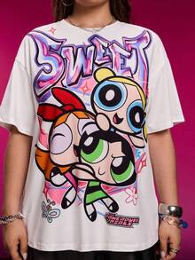 THE POWERPUFF GIRLS X SHEIN 大码女式休闲时尚街头风日常通勤趣味可爱花朵、泡泡、毛茛图案落肩宽松白色T恤 - 白色 - 查看 6