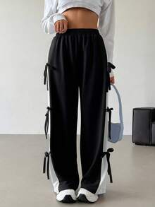 SHEIN EZwear Quần nỉ ống đứng cạp chun thắt nơ cỡ lớn màu tương phản, thường ngày, thu/đông - màu đen - Xem 5