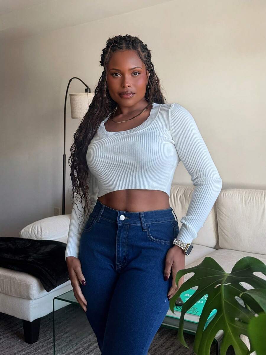 Tyla Gomez 秋冬款圆领罗纹针织短款白色毛衣 - 白色 - 查看 1