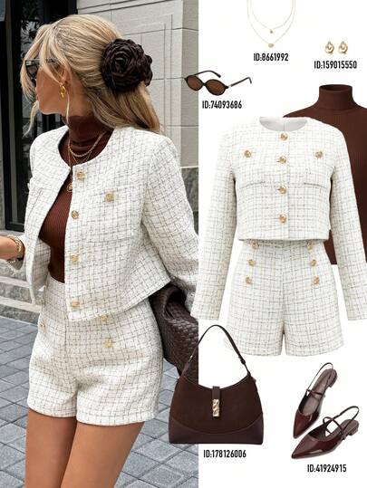 Serisse Winter Women's Elegant Commuter  Metal Single Breasted Long Sleeve Jacket  And Shorts 2 Pieces Set,Tweed Texture Jacket Set,Sequins Sparkling Jacket And Skirt Set,Beige Suit,Wrap Skirt Set,Sequin Skirt,Sequin Winter Set ,Chic Women's Set,Warm Long-Sleeved Suit,Stylish Office Outfit,Winter Clothes For Women, Women's Winter Jacket,Women's Winter Coat ,Commuting,Simple, Fashionable,Retro, Suitable For Daily Wear, Women's Winter Clothes,New Year Women's Clothes ,Thanksgiving Outfit For Women ,Sequin 2 Pieces Set,Casual 2 Pieces Set ,Autumn 2 Pieces Set ,2 Pieces Set Suitable For Party, Halloween, Christmas, Holiday Events 2 Pieces Set Plaid Check Spring