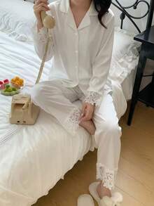 2-delars premium enfärgade nattkläder för kvinnor, långärmad topp och byxor, bekväma loungekläder - Vitt - Visa 4