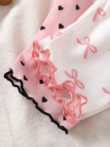 SHEIN 4pcs Tween Girls' Soft & Comfortable Pajama Set With Pink Bow & Black Polka Dot Print, Long Sleeve Top And Pants, Autumn/Winter Home Wear Girls Pajama Set Heart Print Pajama Set Two Piece Sleep Set Girls Sleepwear Bows Pajama Set