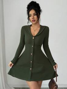 Selianne Women's Autumn New Knitted Long Sleeve Sexy Ribbed Dress - Dark Green - View 1