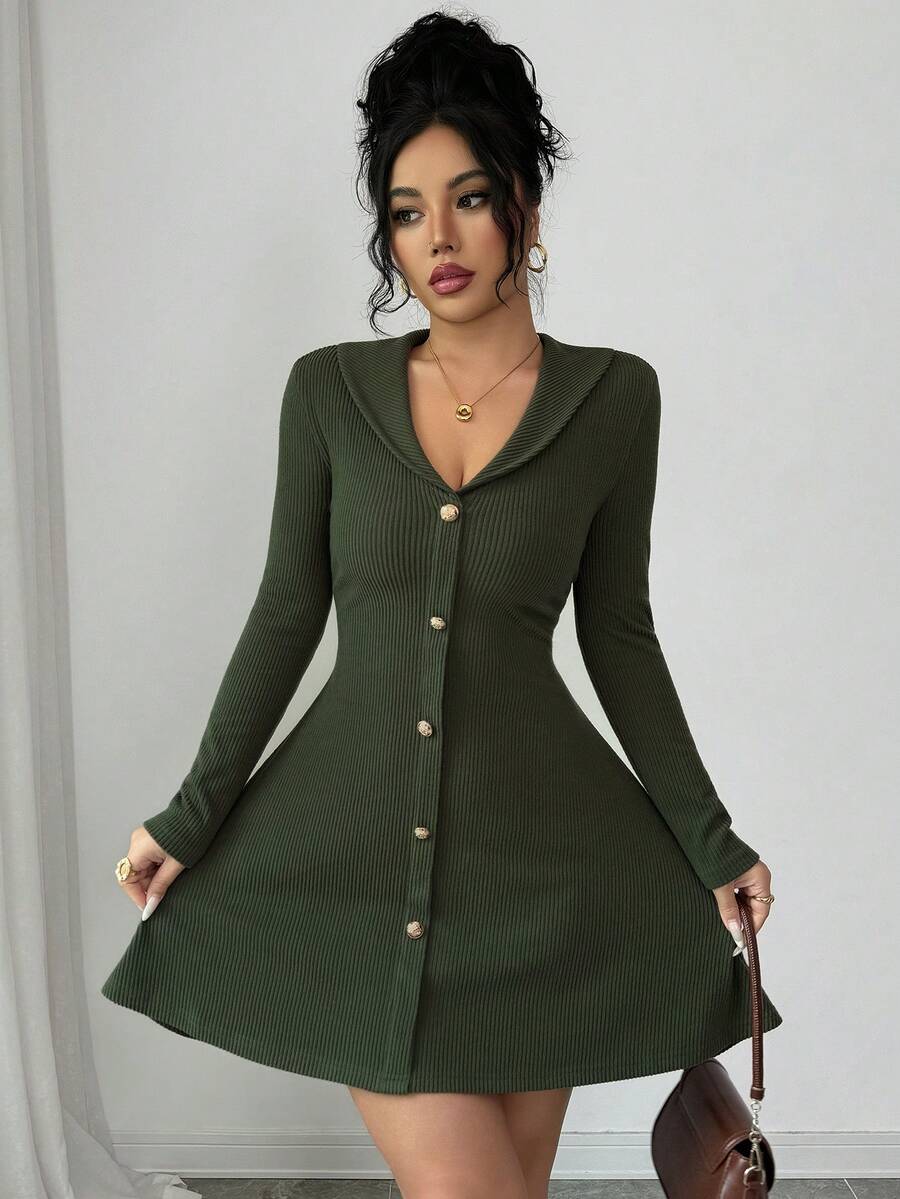 Selianne Women's Autumn New Knitted Long Sleeve Sexy Ribbed Dress - Dark Green - View 1