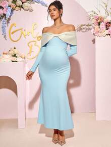 Loomaby 孕妇露肩长袖修身夸张蝴蝶结连衣裙