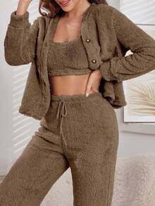 SHEIN 3件套女士休闲毛绒纯色背心、裤子和上衣套装，秋冬季蓬松舒适套装，女士休闲两件套家居服套装 - 棕色 - 查看 4