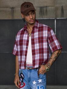 AXEPEAK 男士多尺码宽松翻领短袖印花侧开衩梭织街头潮流衬衫 - 彩色 - 查看 2