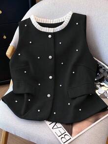 Regalyn Plus Size Woolen Vest With Ruffle Collar, Pearl Decor, Stylish Commuter Fashion Retro Elegant Minimalist Vest Jacket