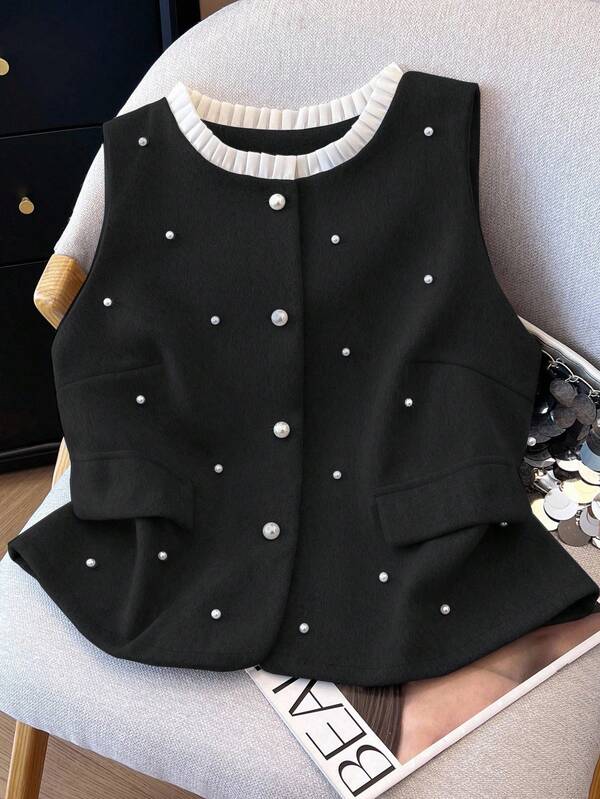 Regalyn Plus Size Woolen Vest With Ruffle Collar, Pearl Decor, Stylish Commuter Fashion Retro Elegant Minimalist Vest Jacket