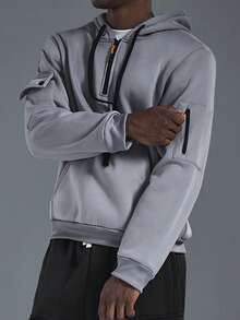 Driftmere Men's Casual Half-Zip Hoodie Sweatshirt And Cargo Pants Set, Fashionable Outdoor Suit, Gym/Training/Running/Fitness Hoodie, Quarter Zip Hoodies Sweatshirt, Daily Casual Spring To Summer - Light Grey - View 7