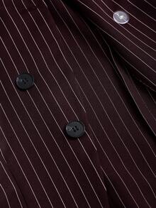 Sweetra 初秋新款韩版套装，棕色条纹设计，V领，收腰，修身时尚女装套装 - 棕色 - 查看 8