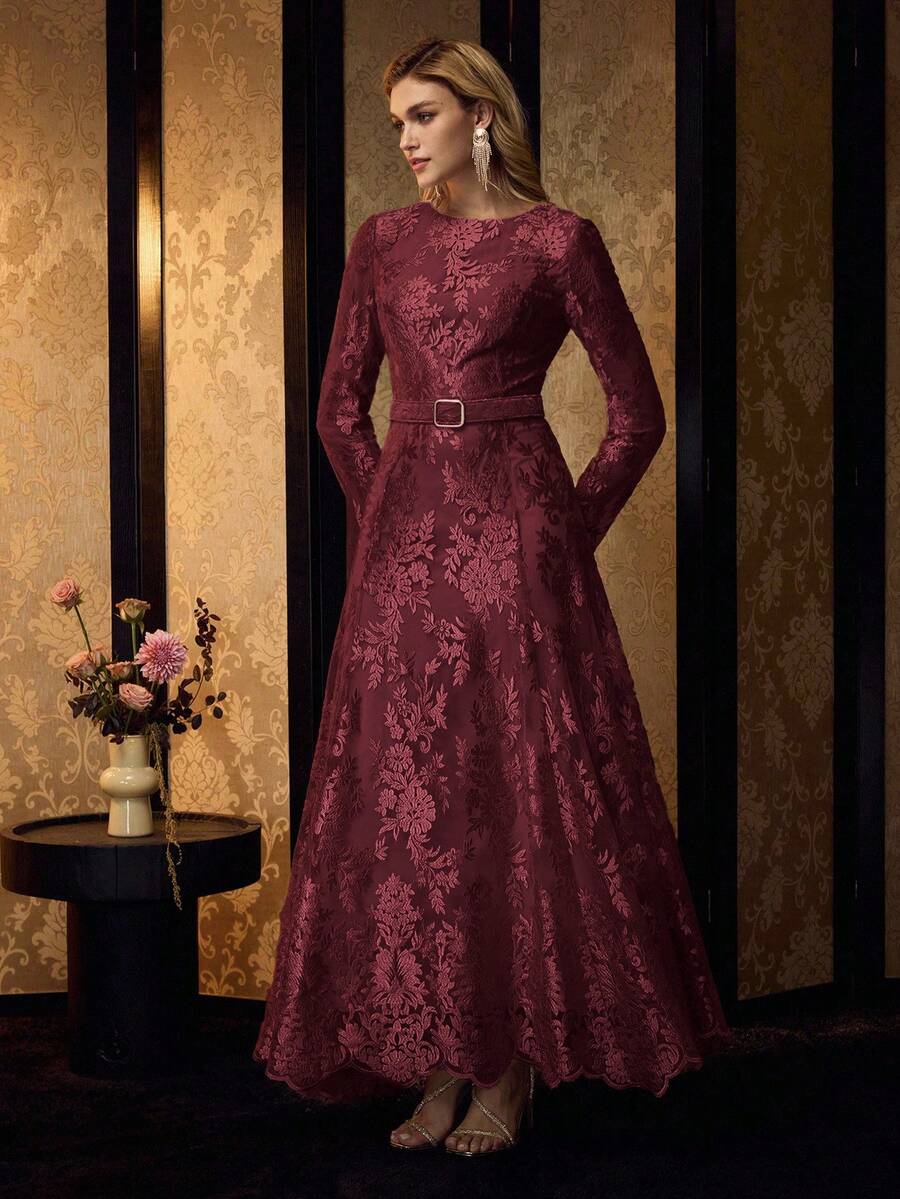 MOTF PREMIUM ELEGANT EMBROIDERED MESH LONG DRESS - Rose Red - View 1