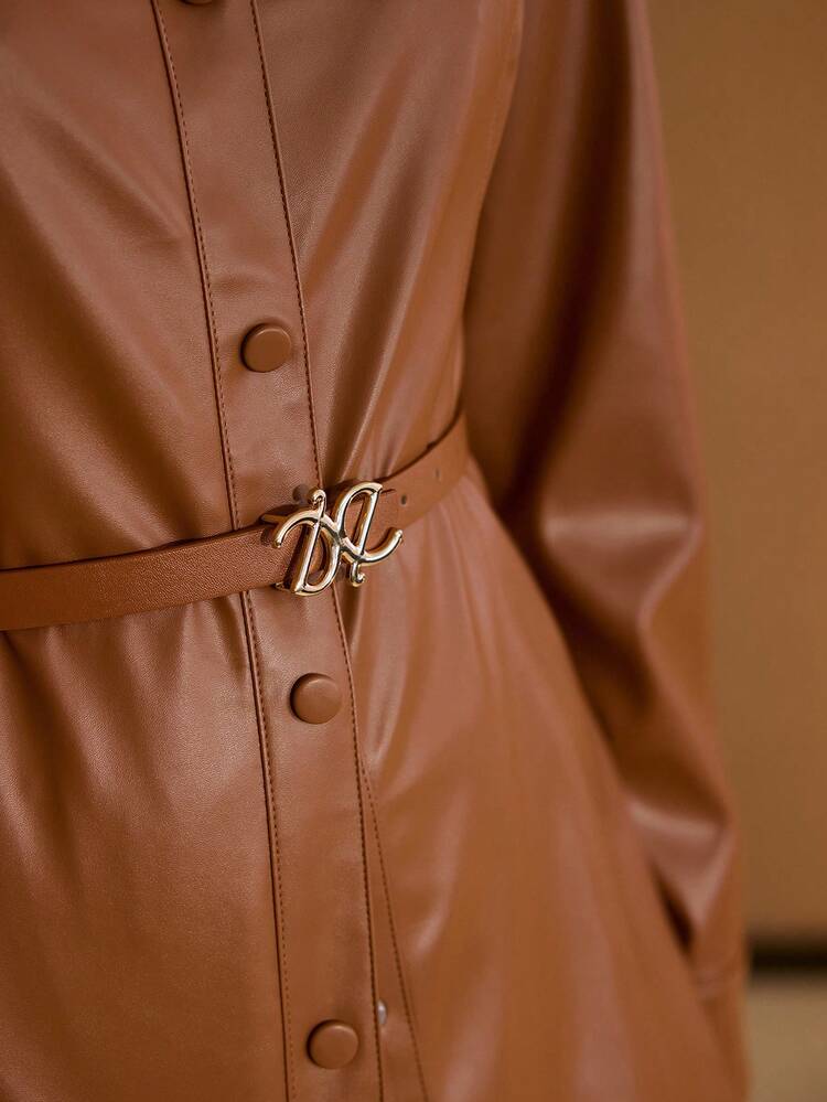 WOMEN'S SOLID COLOR FAUX LEATHER SHIRT COLLAR CINCHED WAIST ELEGANT LONG SLEEVE JACKET WITH BELT