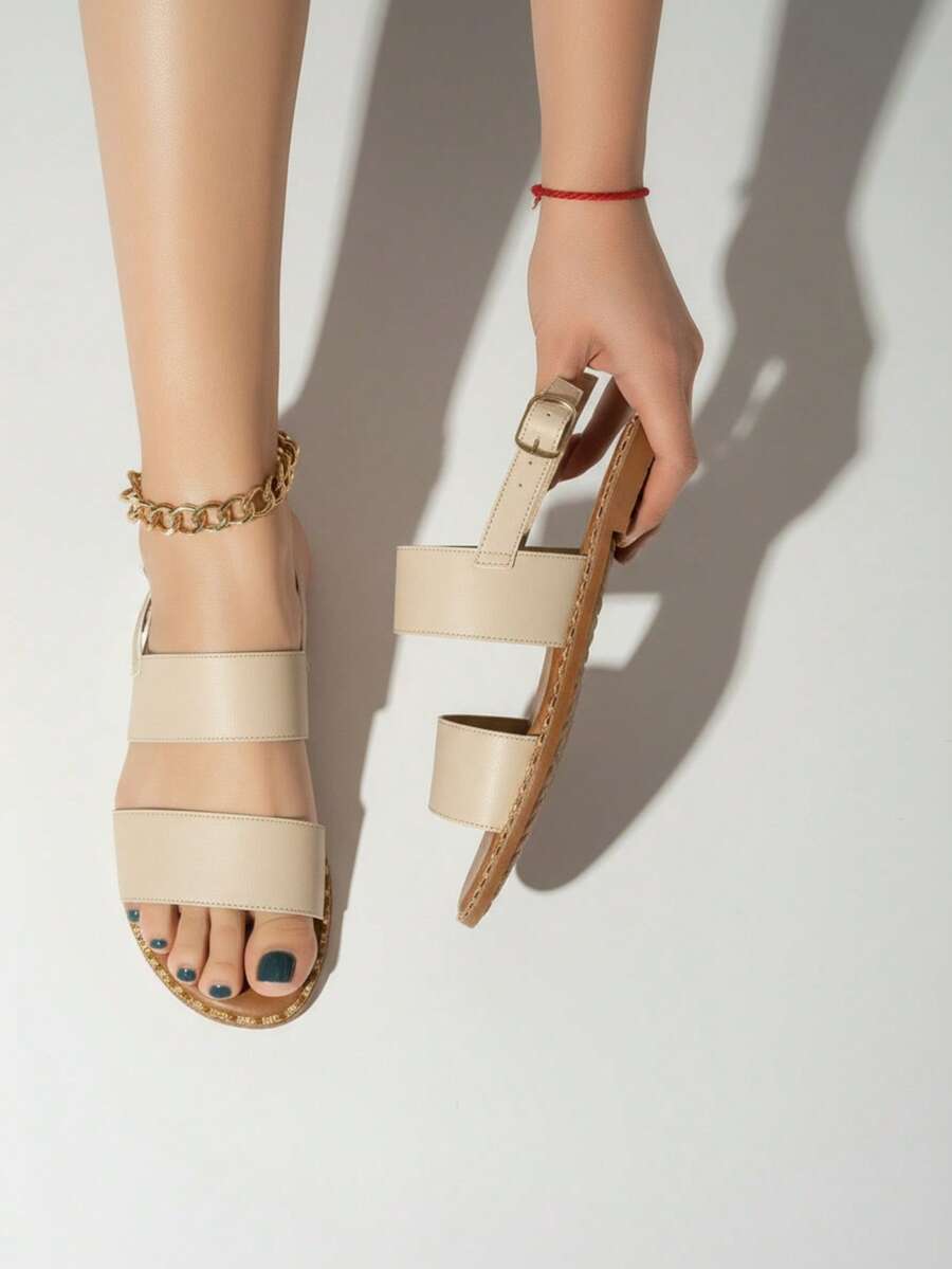 Sandalias planas casuales de mujer con tiras anchas, punta abierta, estilo minimalista para playa y uso diario - Blanco - Ver 1