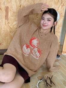 Dazy Plus Fashionable Girl's Casual Apple Jacquard Christmas & New Year Plus Size Women Pullover Sweater, Autumn/Winter - Khaki - View 7