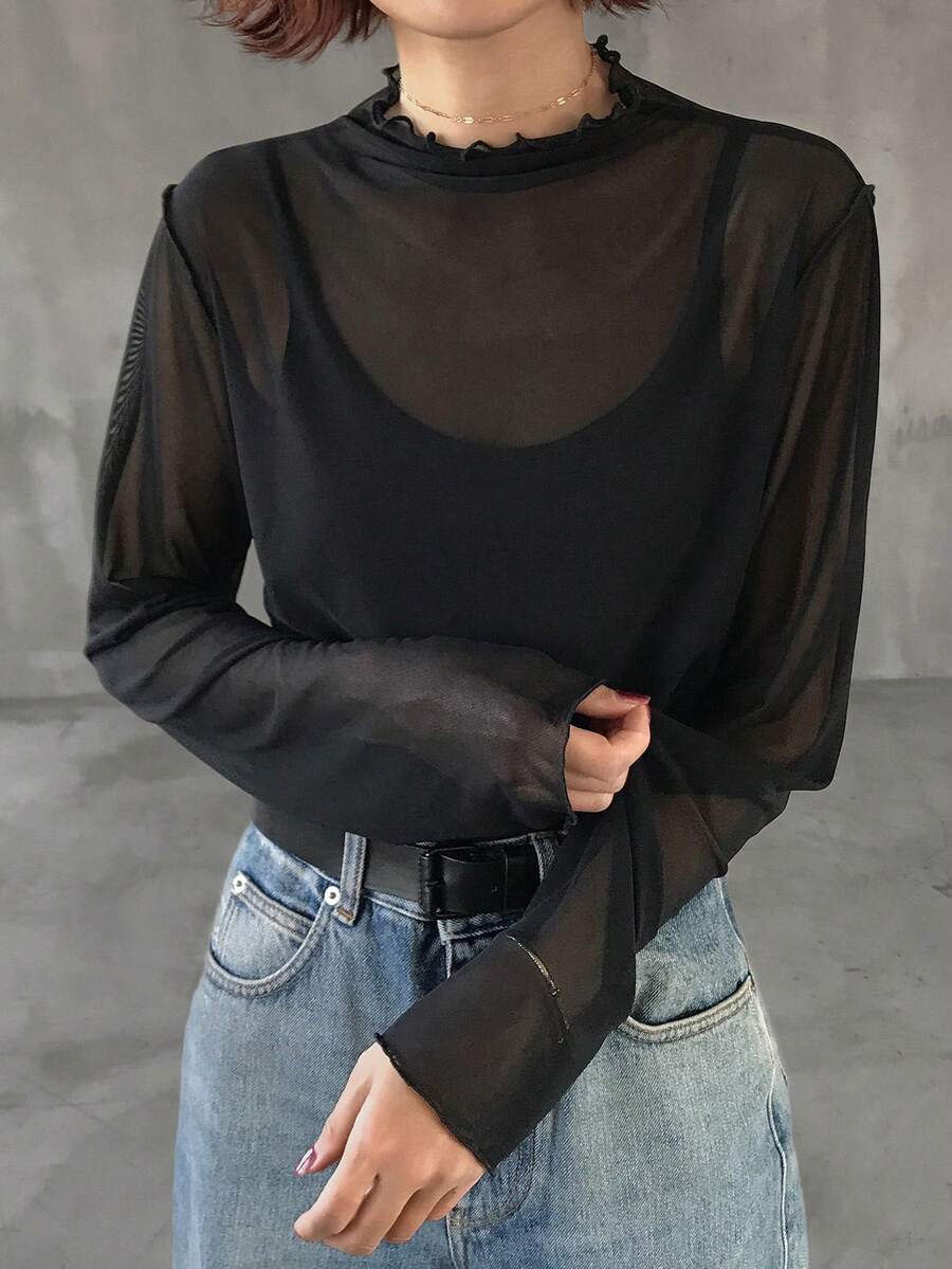 FRIFUL 女士灰色透视修身打底上衣 长袖 春季 - 黑色 - 查看 1