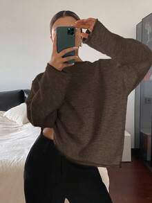 Livesso 女士纯色船领落肩长袖宽松套头毛衣 - 咖啡棕 - 查看 3