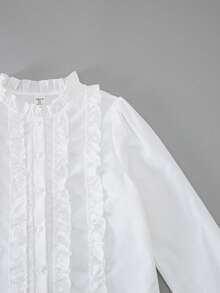 青少年白色衬衫，耳叶形蕾丝花边，长袖儿童衬衫，适合春秋季穿着，百搭女童立领上衣，学院风女童服装，珍珠纽扣儿童服装 - 白色 - 查看 6