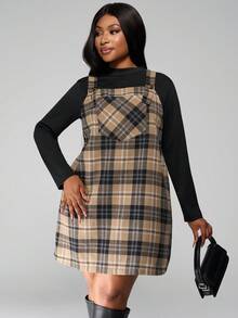 SHEIN PETITE CURVE Plus Size Loose Strap Button Pocket Plaid Casual Mini Dress Plus Size Fall Clothes Dresses For Women - Khaki - View 5