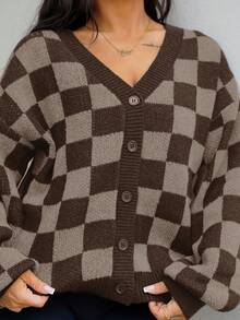SAYEHFBABY Checkerboard Pattern Knit Cardigan Sweater For Women,Long Sleeve Tops,Fall Clothes Plaid