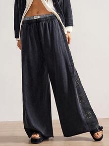 Bohemela Calças largas femininas casuais de malha de cor sólida - Preto - Ver 7