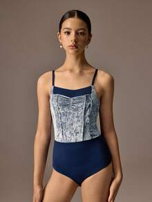 SHEIN 少女海军蓝芭蕾舞紧身衣和裙子套装，修身紧身可调节高端天鹅绒拼接高弹力面料，搭配柔软网眼裙，优雅的芭蕾舞裙 - 藏蓝色 - 查看 3