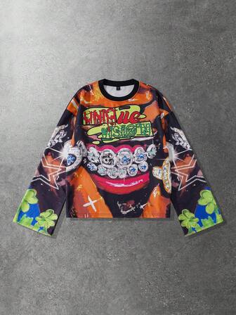 Street Life Maglietta a maniche lunghe da uomo con stampa di denti, stile retrò da strada