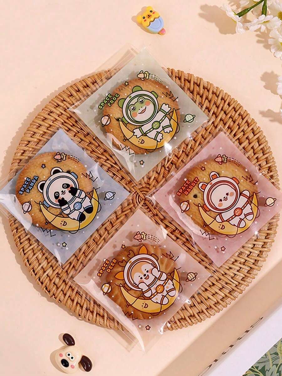 100/300/500pcs Cute Four In One Cartoon Bear & Rabbit Shaped Biscuit & Candy Self-Adhesive Bag - Journey to the Moon - View 1