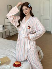 DAZY Women's Long Puppy Wave Pattern Bathrobe - Beige - View 4