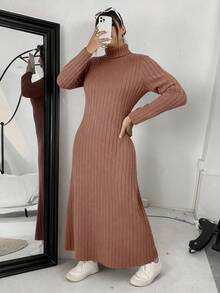 SHEIN EZwear Plus Size Women's Casual Everyday Commute Simple Solid Color Ribbed Knit Turtleneck Long Sweater Dress, Autumn/Winter - Khaki - View 3