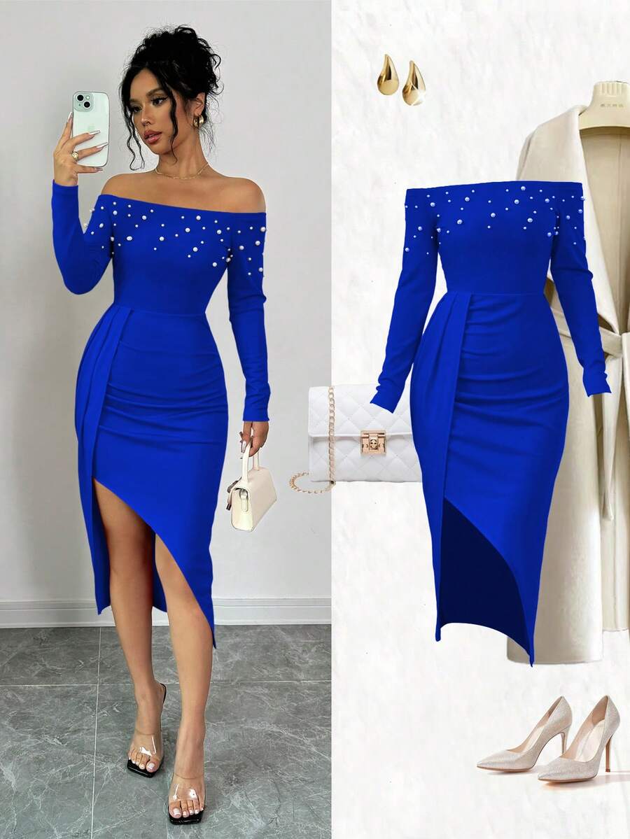 Elenzga Women's Open Shoulder Long Sleeve Ruched High Slit Pearl Design Bodycon Dress For New Year Clothes - Royal Blue - View 1