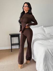 SHEIN PETITE 女士休闲纯色长袖上衣和喇叭裤套装，骑马图案印花，春夏款 - 棕色 - 查看 9