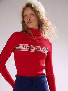 MUSERA 高领“滑雪俱乐部”针织条纹修身套头衫 秋冬滑雪度假休闲假日毛衣 - 紅色 - 查看 2