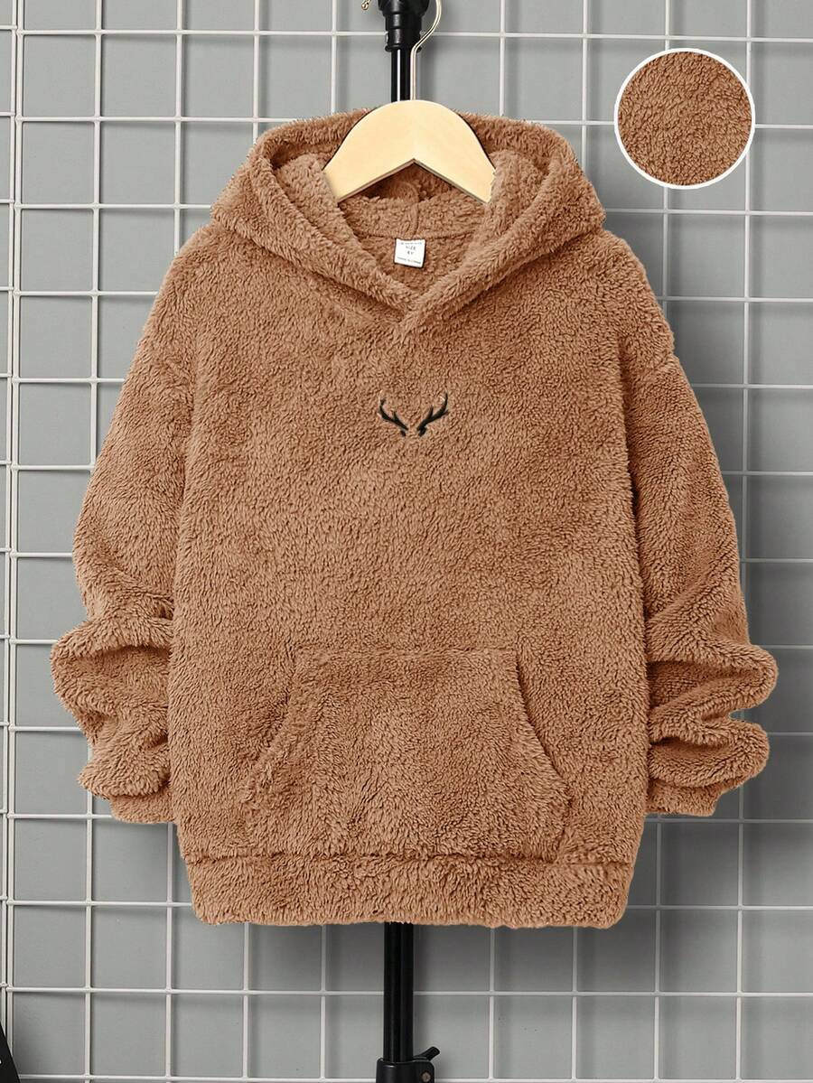 SHEIN 男童休闲刺绣双面羊毛连帽套头衫 - 卡其色 - 查看 1