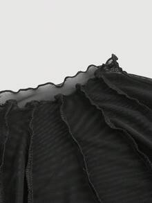 SHEIN MOD 大码女式黑色透视网纱撞色拼接喇叭袖衬衫，黑色上衣，加大码服装，套装，秋季女装，喇叭袖上衣 - 黑色 - 查看 3