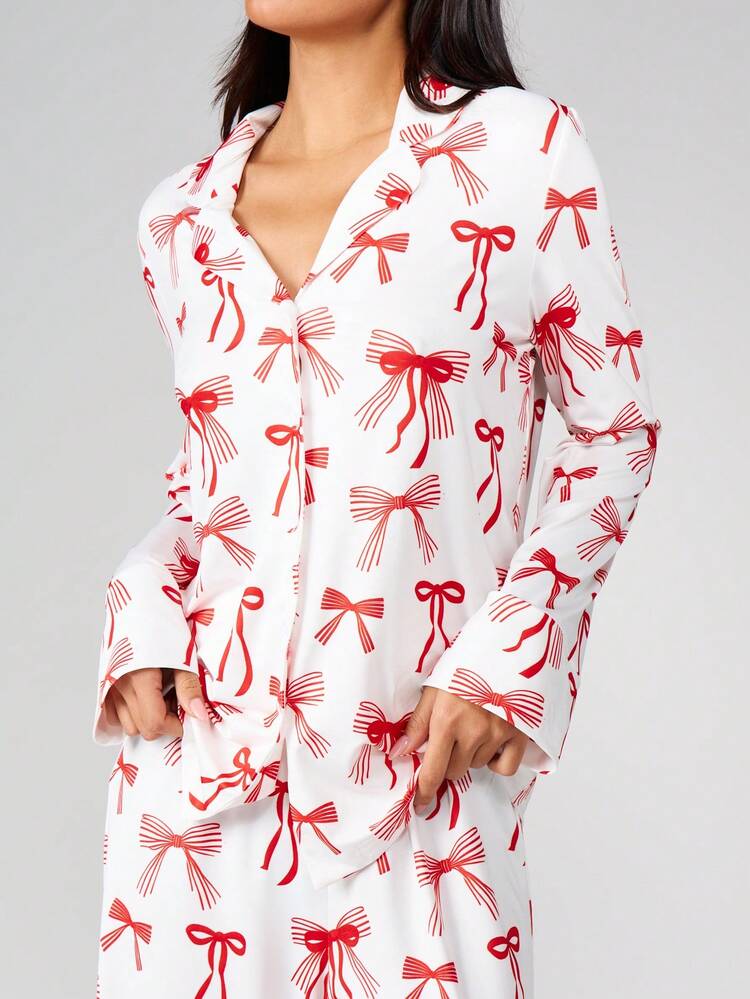 MISSGUIDED Women's Bow Print Pajama Set Long Sleeve Button Front Lounge Sleepwear Christmas Holiday Comfort Nightwear