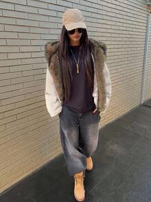 DAZY 女士拼接毛领宽松长袖连帽休闲街头风羽绒服，秋冬款 - 杏色 - 查看 6