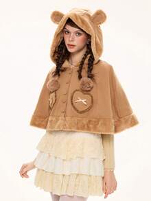 ROMWE Kawaii 女士可爱泰迪熊拼接连帽斗篷，棕色 - 棕色 - 查看 1