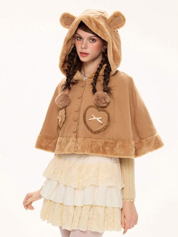 ROMWE Kawaii Capa con capucha de mujer con parches de oso de peluche lindo, marrón