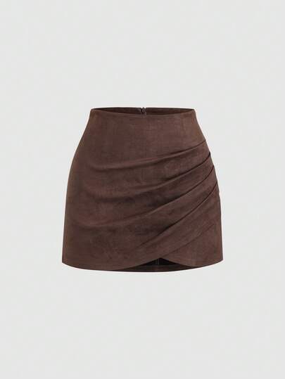 Sweetra 女士复古优雅意大利美拉德印花高腰褶裥不对称迷你A字裙，适合日常或通勤穿着，秋冬季款